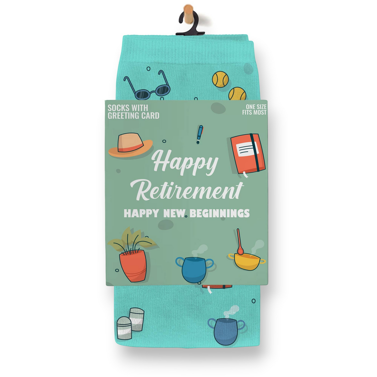 Mellow Monkey Happy Retirement greeting card and soft teal socks gift set with retirement-themed icons