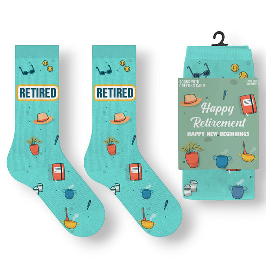 Mellow Monkey Happy Retirement greeting card and soft teal socks set with vacation and leisure themed icons