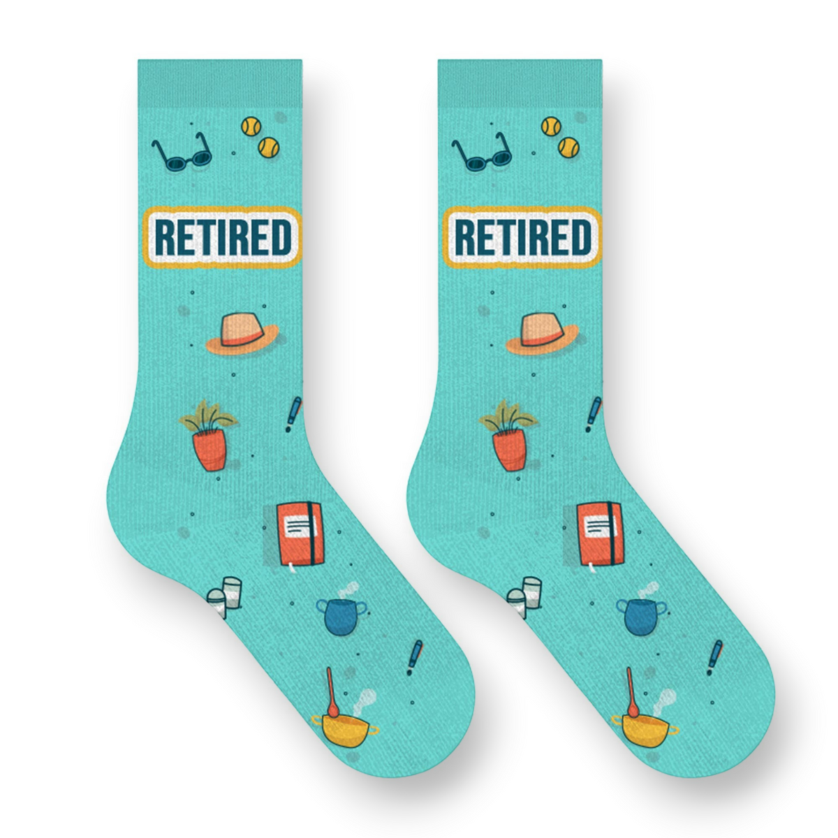 Mellow Monkey Happy Retirement socks in teal with fun hobby icons like sunglasses, hats, and books