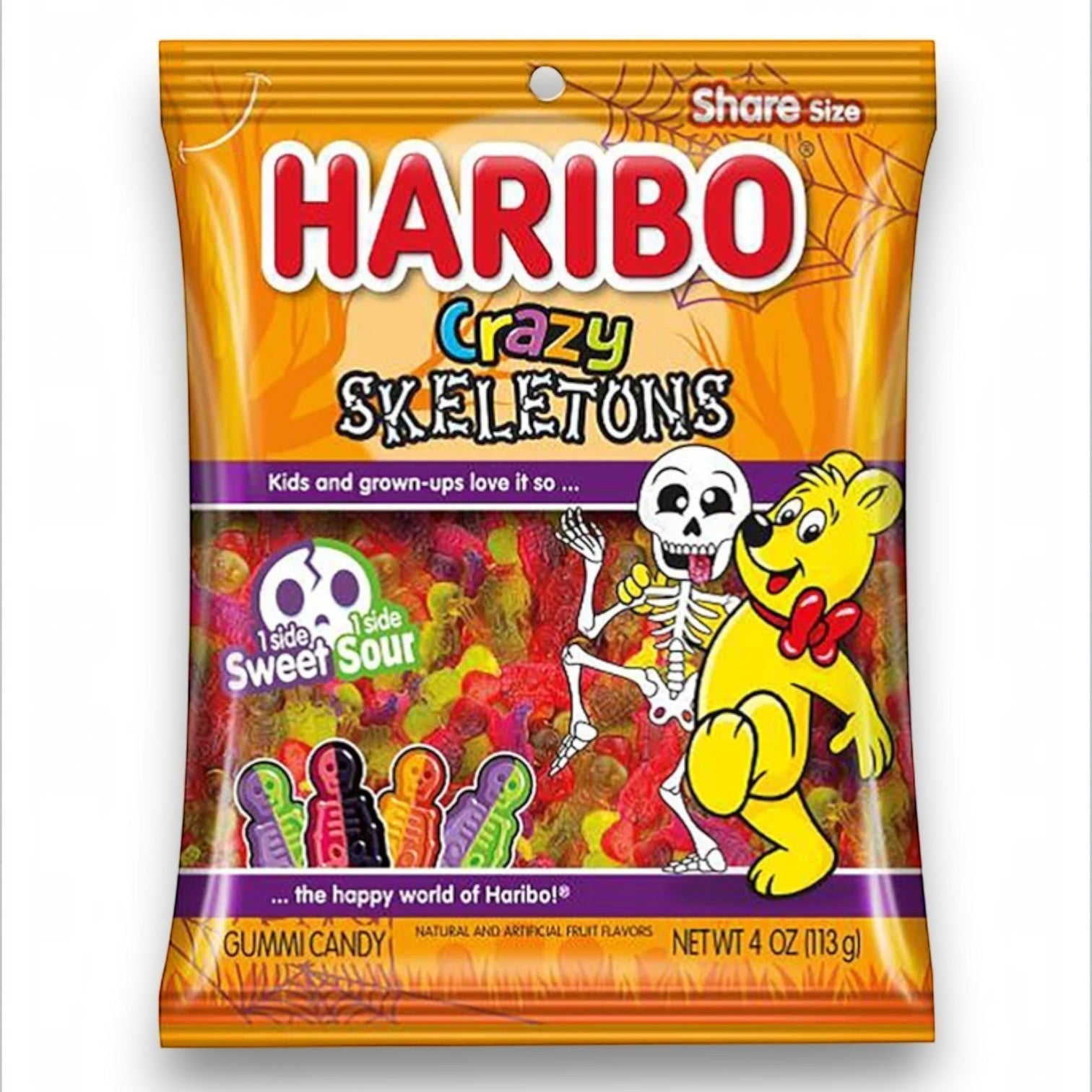 Mellow Monkey Haribo Halloween Crazy Skeletons gummy candy bag featuring sweet and sour fruit-flavored skeleton shapes