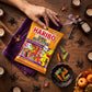 Mellow Monkey Haribo Halloween Crazy Skeletons gummy candy bag on a wooden table with spooky decorations