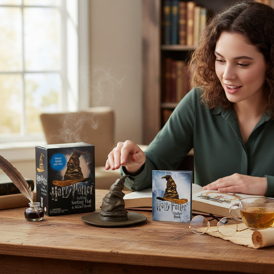 Mellow Monkey Harry Potter talking Sorting Hat miniature replica with sticker book on a wooden desk