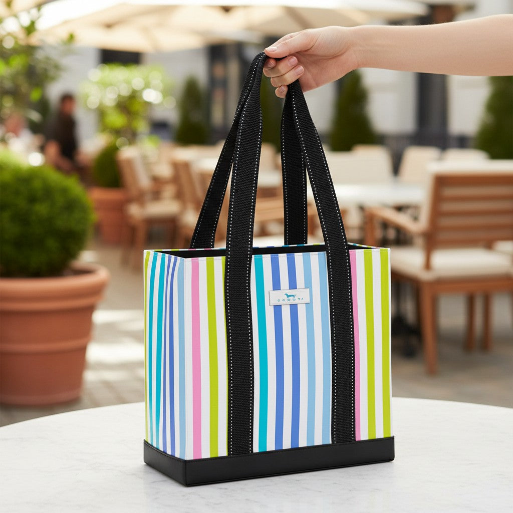 Mellow Monkey Original Deano Small tote bag in Havana Cabana multi-color stripe pattern with black straps and base