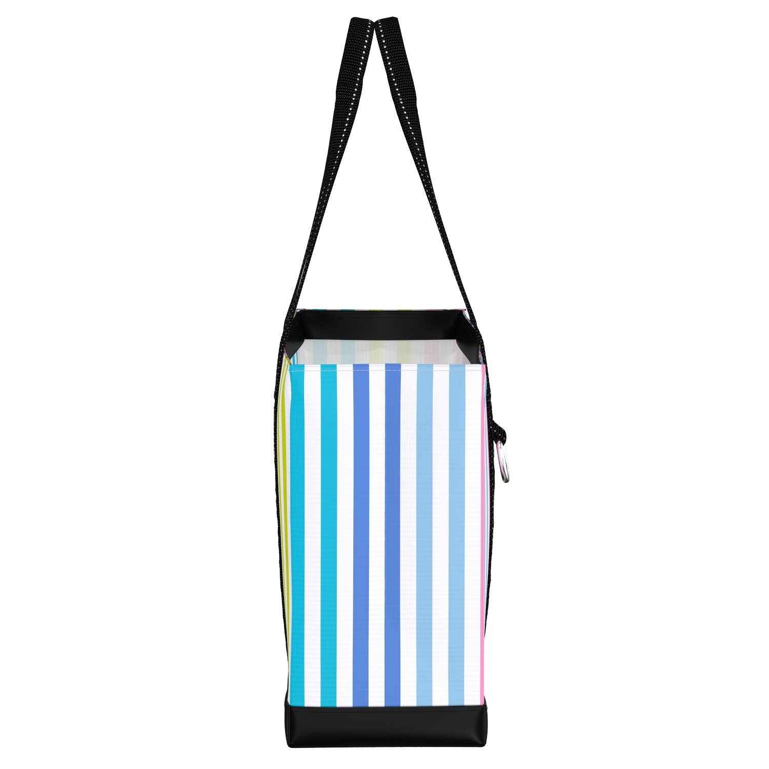 Mellow Monkey Original Deano small tote bag in Havana Cabana striped pattern with black straps and base, side view.