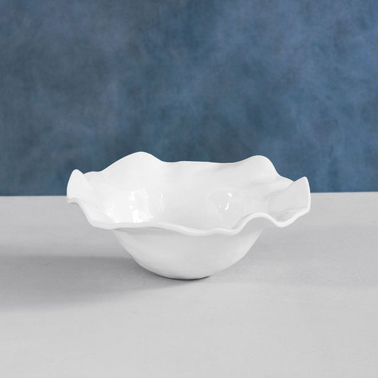 Mellow Monkey VIDA Havana Large Bowl in white, 15-inch, made of BPA-free melamine with a ruffled edge. Ideal for serving salads or fruit.