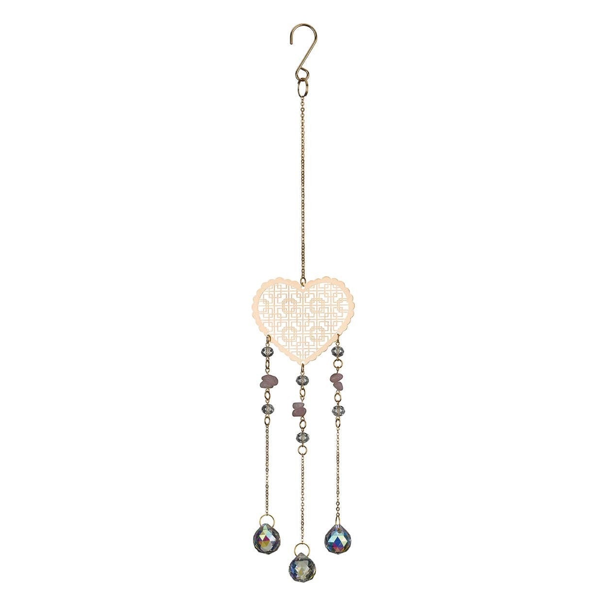 Mellow Monkey heart-shaped suncatcher with gold chains, healing stones, and hanging crystals for window decor.