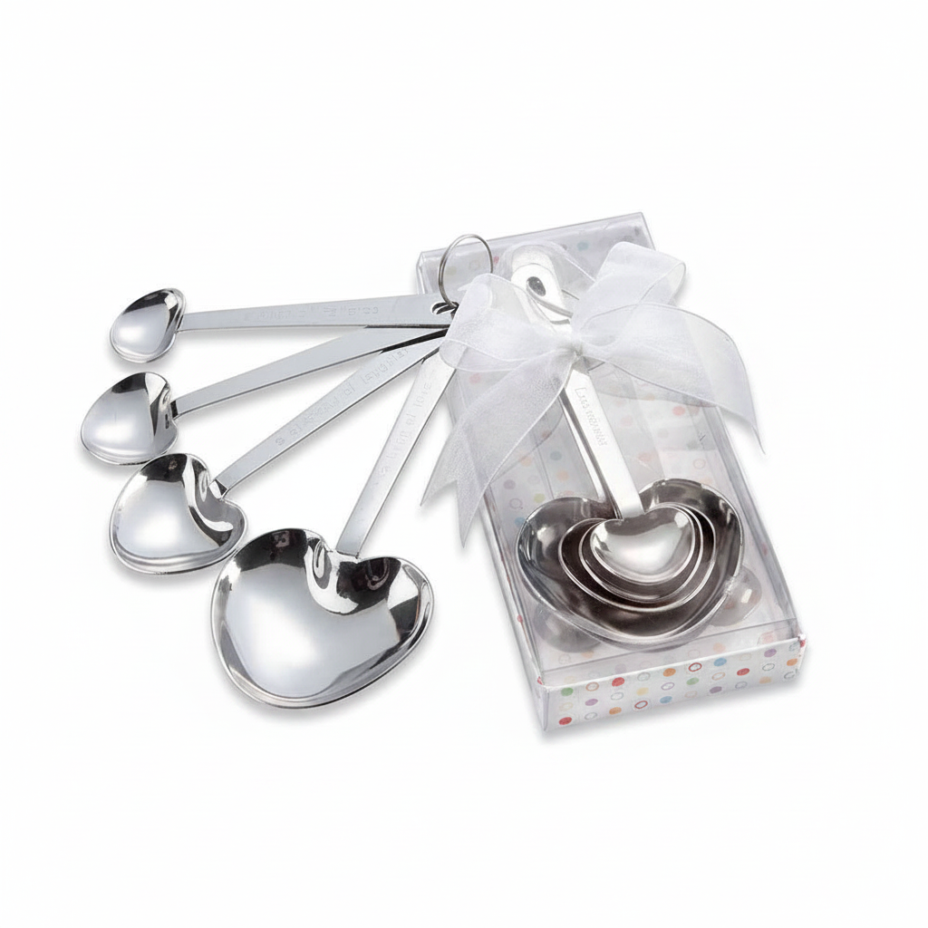 Mellow Monkey set of 4 stainless steel heart-shaped measuring spoons with engraved sentiments in a gift box