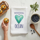 Mellow Monkey white cotton flour sack towel with a watercolor heart and My Heart Belongs to the Ocean text
