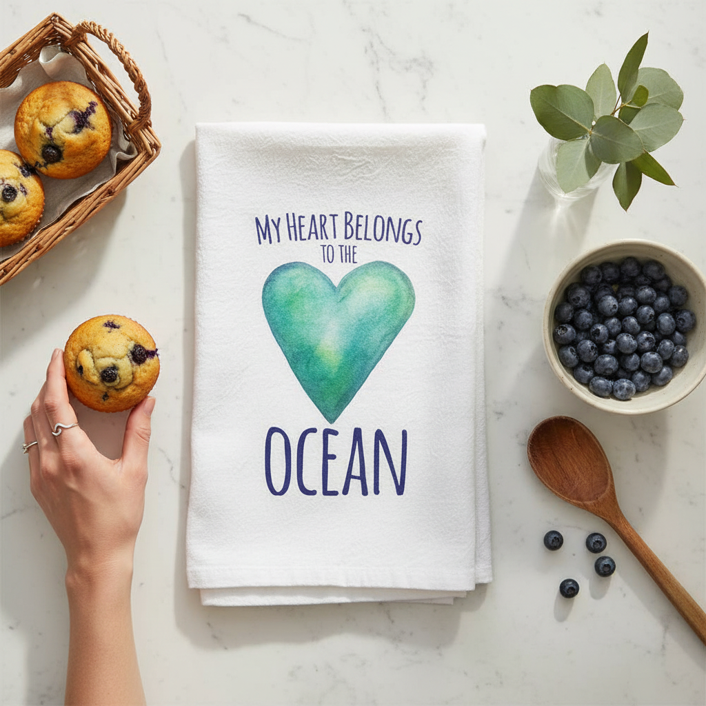 Mellow Monkey white cotton flour sack towel with a watercolor heart and My Heart Belongs to the Ocean text