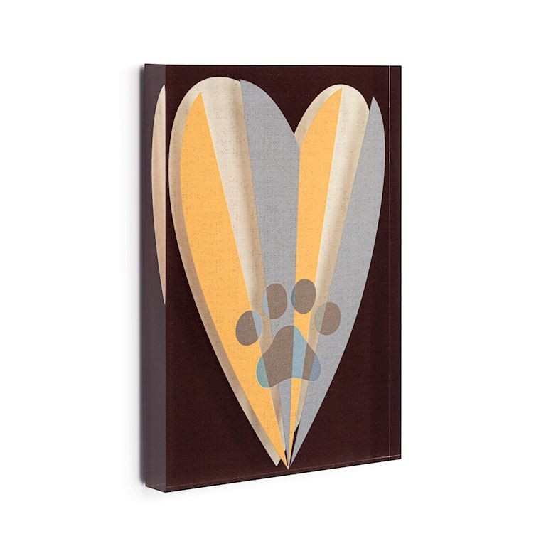 Mellow Monkey Furever Together Tile Acrylic Wall Art, 5x7 inches, features a heart design with a paw print, in orange, grey, and brown.