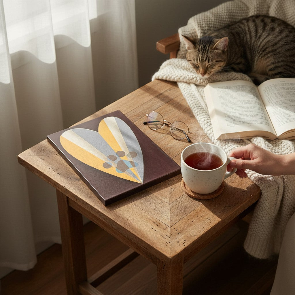 Mellow Monkey Furever Together Tile Acrylic Wall Art, 5 x 7-in, featuring a heart shape with radiating stripes in yellow, grey, and cream, and a paw print overlay.