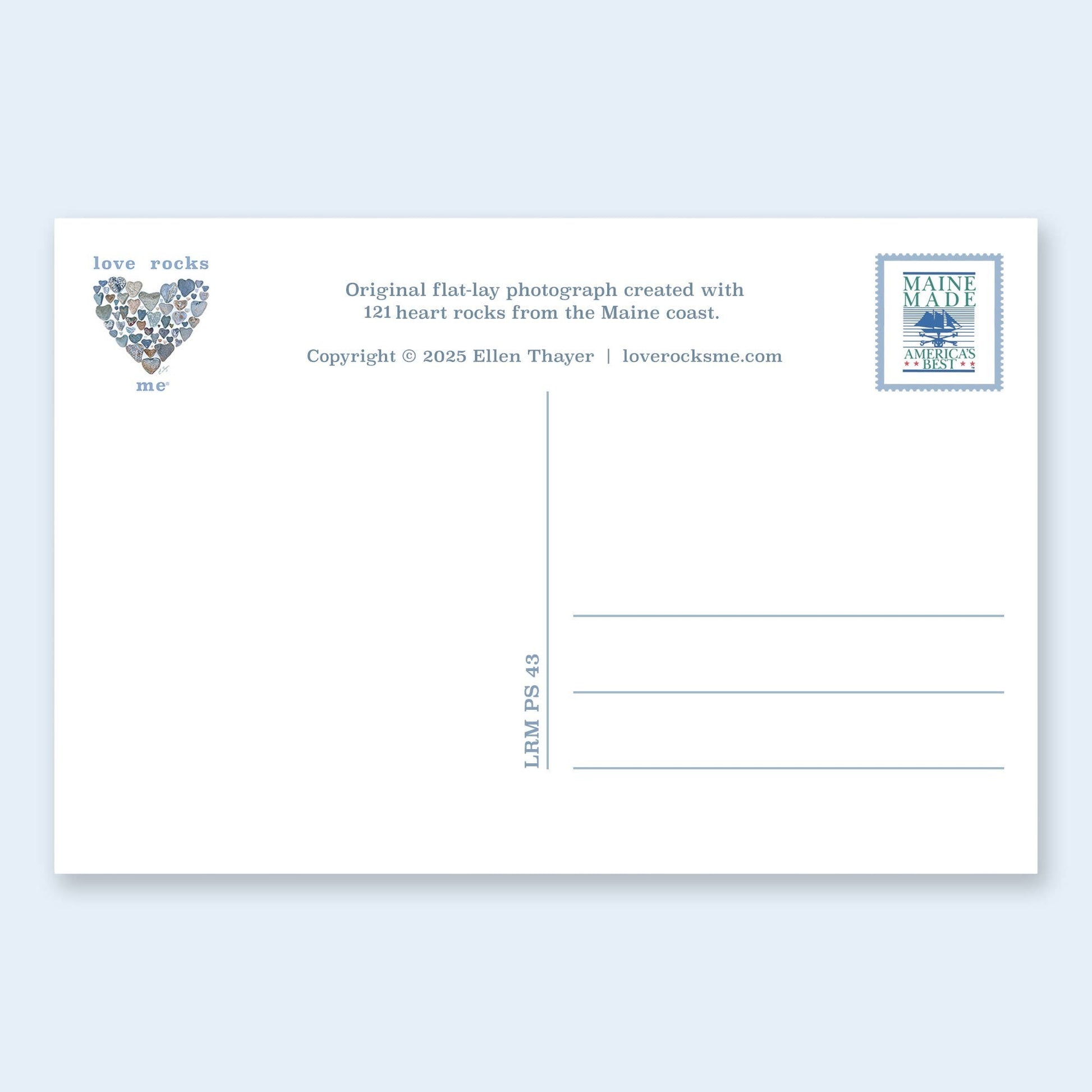 Mellow Monkey postcard featuring a heart made of small rocks and "love rocks me" text. "Maine Made" stamp.