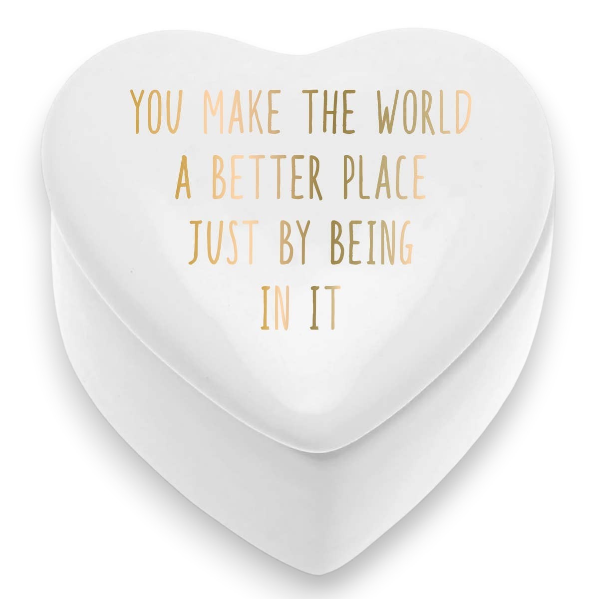 Mellow Monkey white ceramic heart-shaped trinket box with gold text reading You Make The World A Better Place