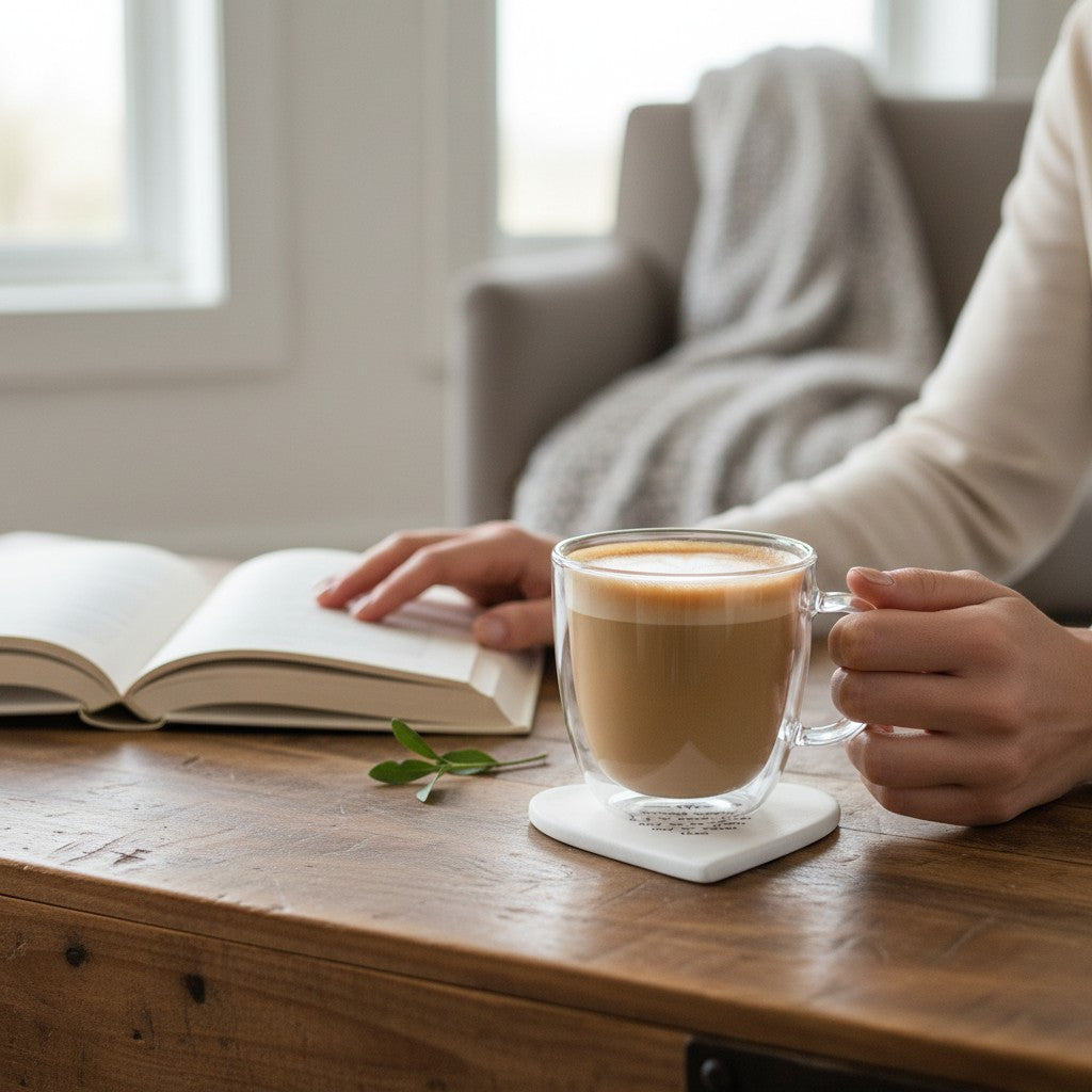 Mellow Monkey white porcelain heart-shaped coaster with black text under a glass mug on a rustic wooden table