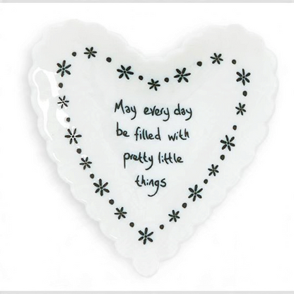 Mellow Monkey white porcelain heart-shaped trinket dish with scalloped edges and a floral sentiment message.