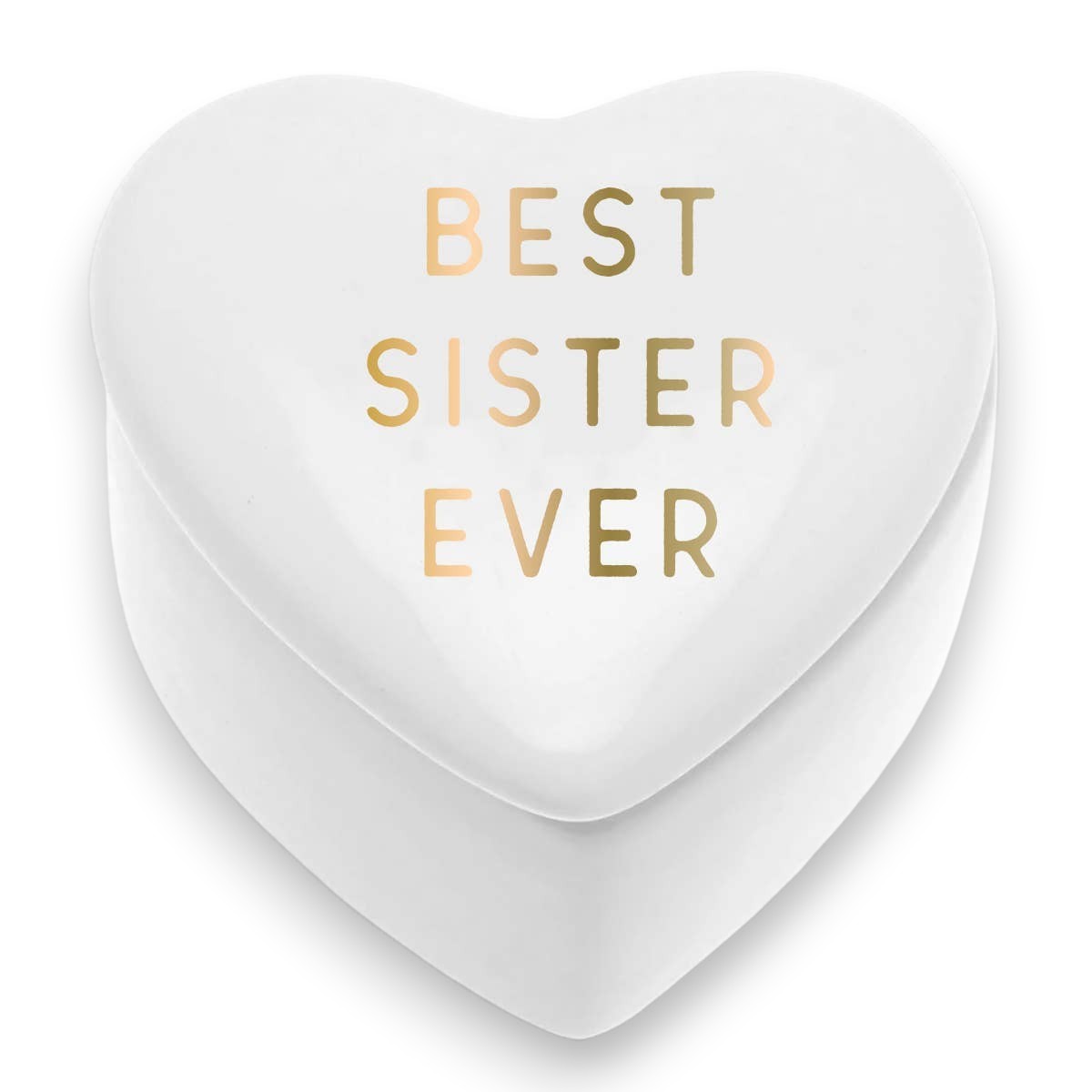 Mellow Monkey white ceramic heart-shaped trinket box with Best Sister Ever in gold lettering.