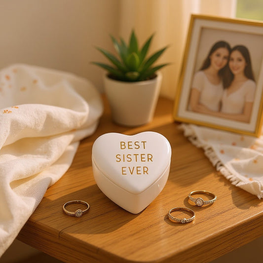Mellow Monkey white ceramic heart-shaped trinket box with gold Best Sister Ever text on a wooden vanity table.