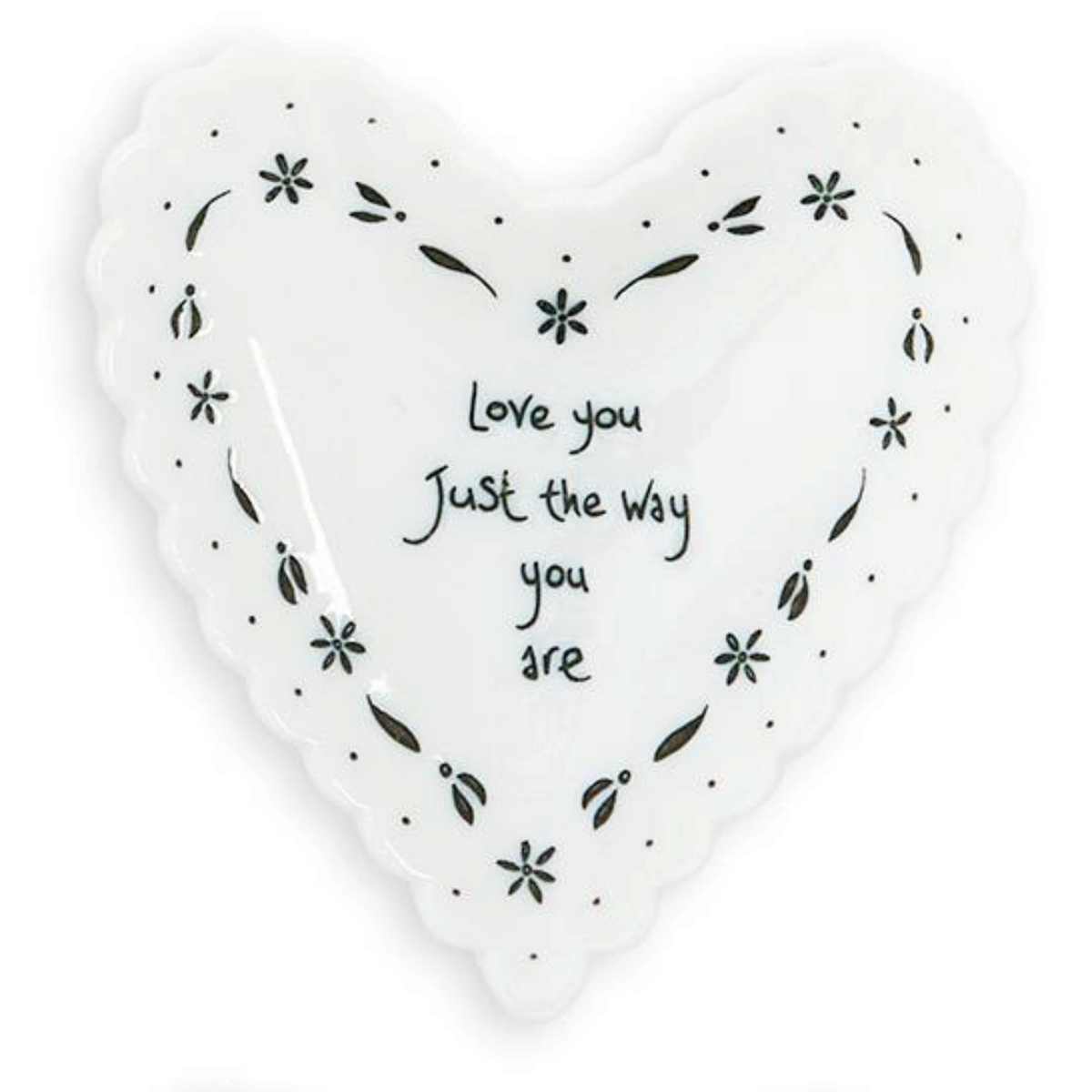 Mellow Monkey white porcelain heart-shaped trinket dish with scalloped edges and floral details.