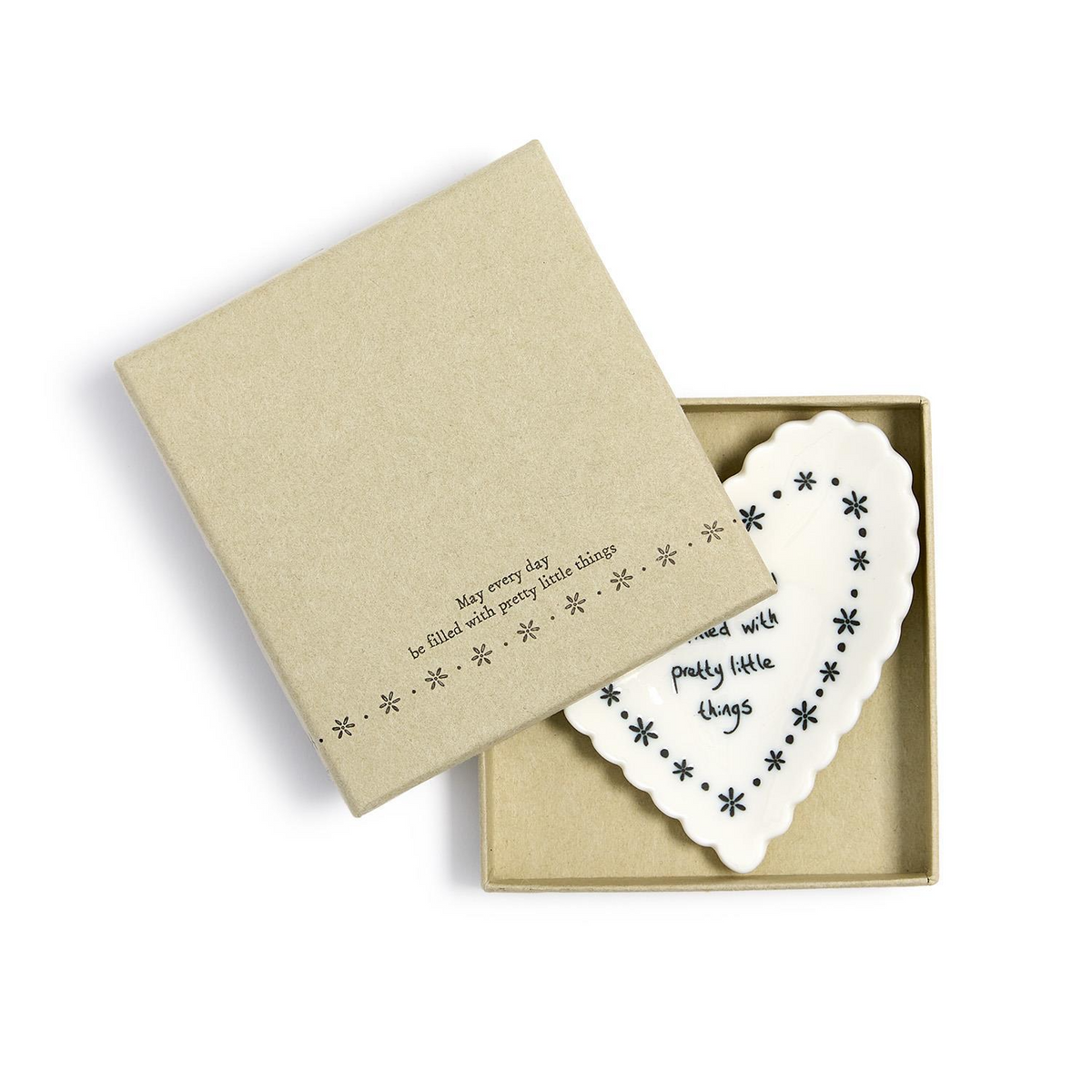 Mellow Monkey heart-shaped porcelain trinket dish with scalloped edges and floral text in a gift box