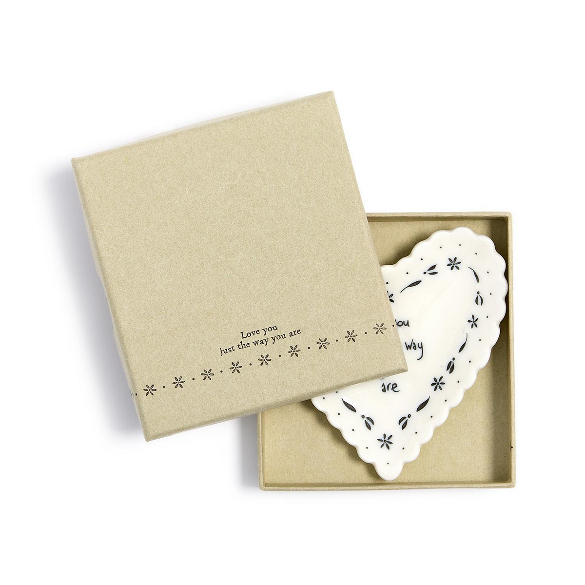 Mellow Monkey heart-shaped porcelain trinket dish with scalloped edges and floral print inside a gift box.