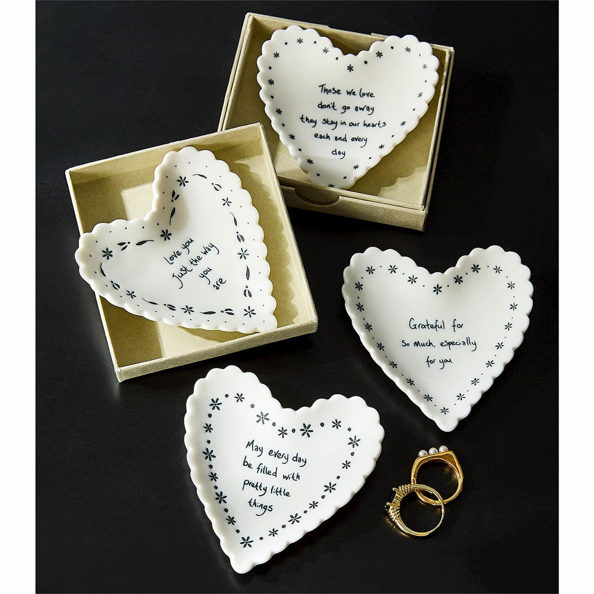 Mellow Monkey heart-shaped porcelain trinket dishes with scalloped edges and sentimental messages in gift boxes.
