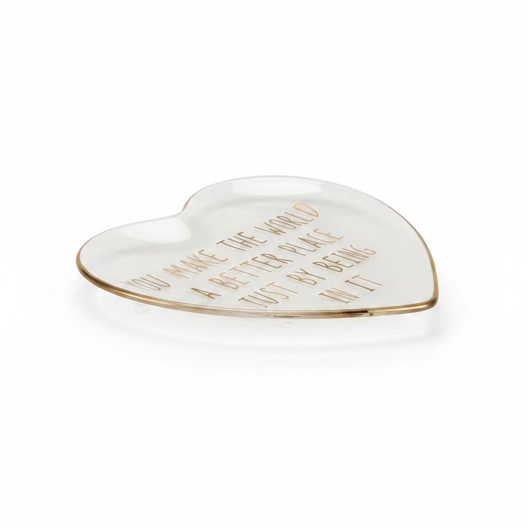Mellow Monkey heart-shaped ceramic trinket tray with gold foil "You Make The World A Better Place" message. 3.9" x 3.9".
