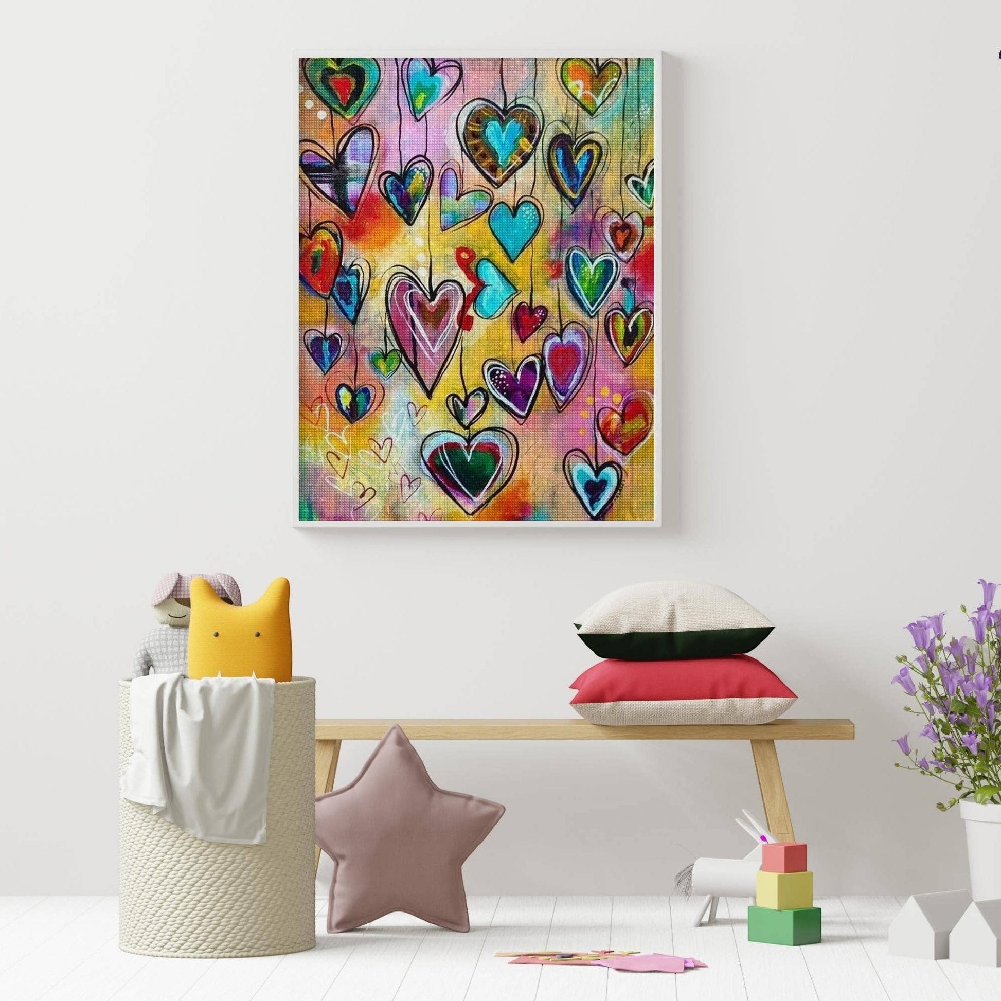 Mellow Monkey Hearts diamond painting kit with colorful hanging hearts on a vibrant background. 16"x20".