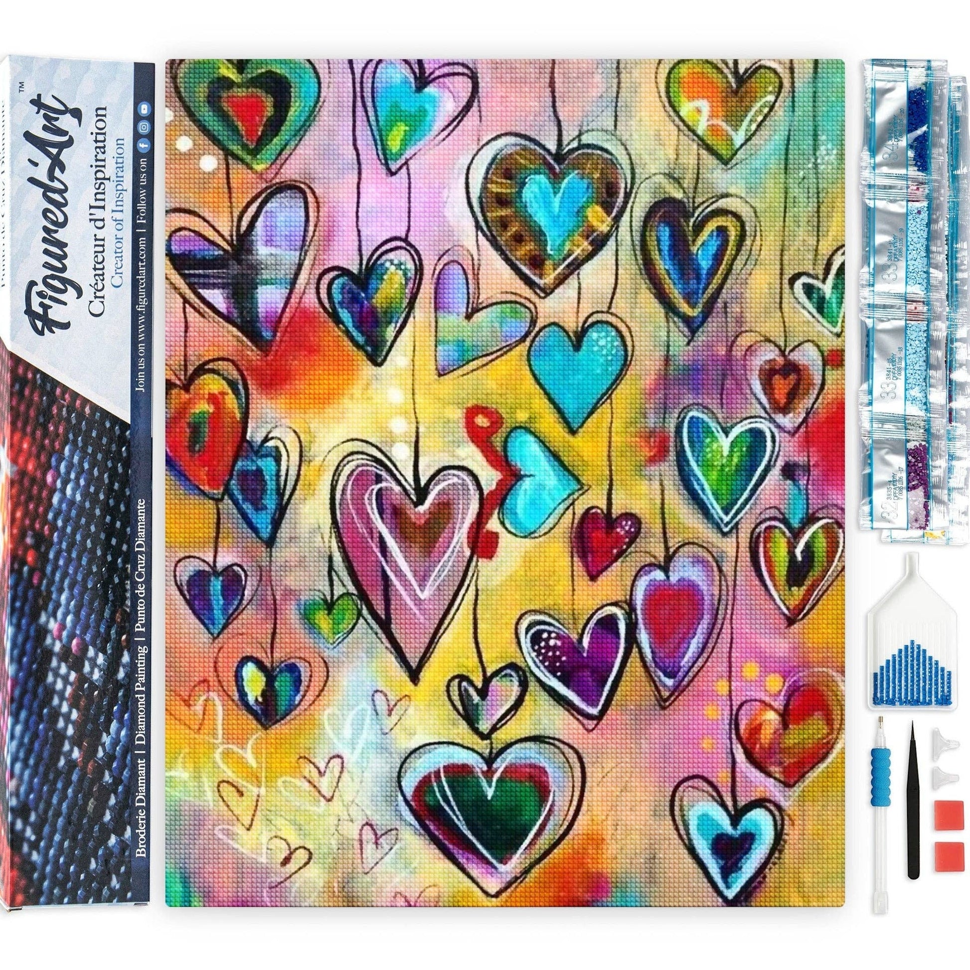 Mellow Monkey Hearts diamond painting kit with colorful hearts on a vibrant yellow and pink background. Includes tools.