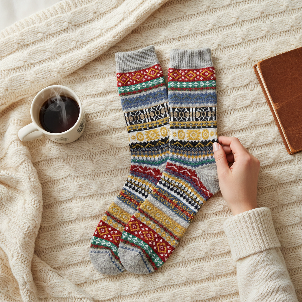 Mellow Monkey heather gray crew socks featuring a colorful Nordic-inspired fair isle pattern on a cozy knit blanket.