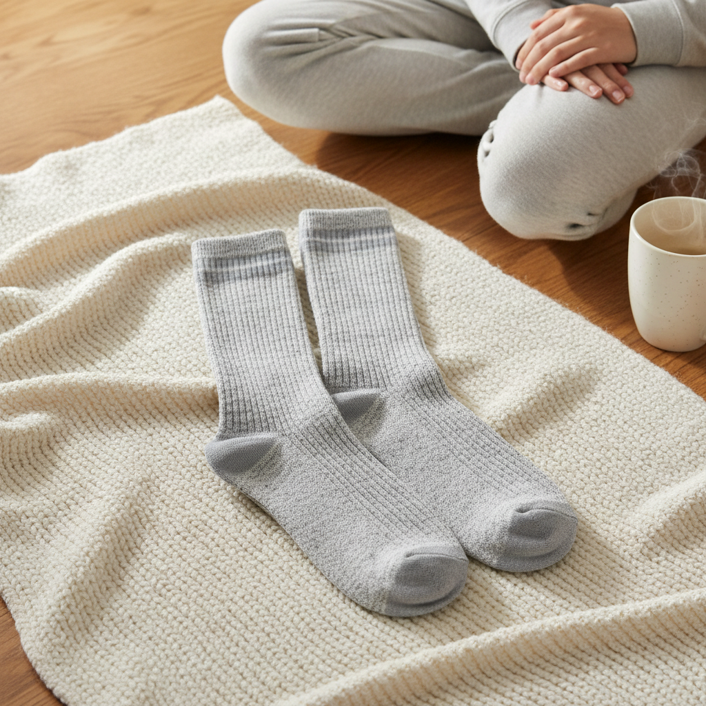 Mellow Monkey heather gray ribbed crew socks resting on a soft cream knit blanket next to a person in lounge wear.