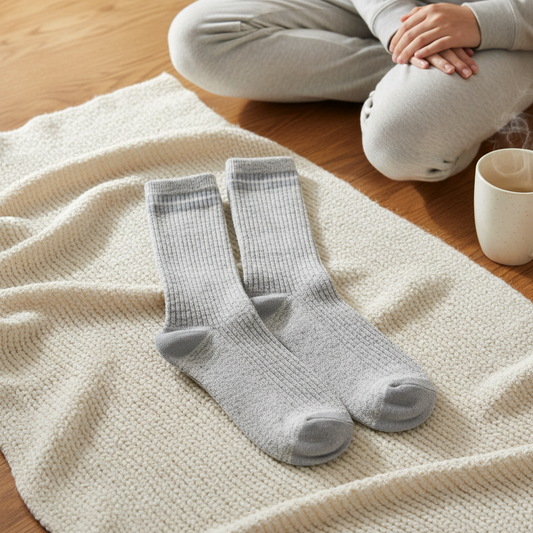 Mellow Monkey heather gray ribbed crew socks resting on a soft cream knit blanket next to a person in lounge wear.