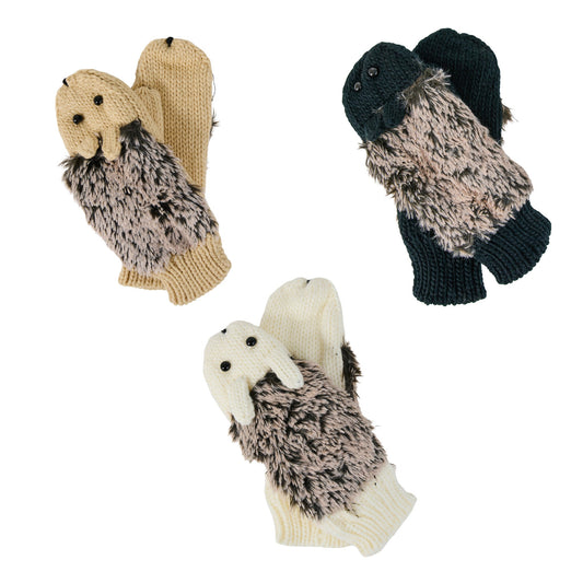 Mellow Monkey hedgehog critter mittens in tan, white, and gray acrylic knit with fuzzy textured details.
