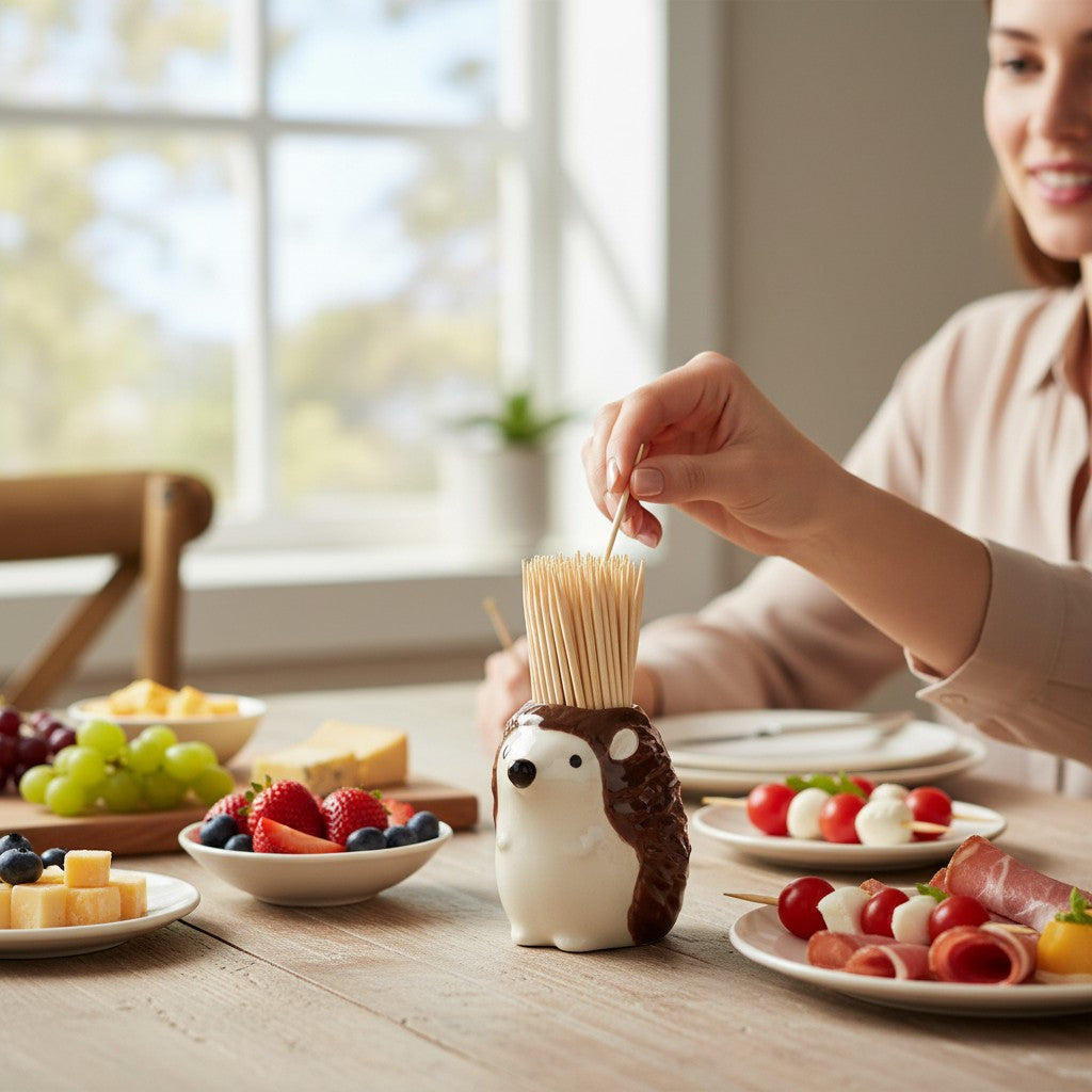 Mellow Monkey brown ceramic hedgehog toothpick holder on a table with appetizers and a woman reaching for a toothpick