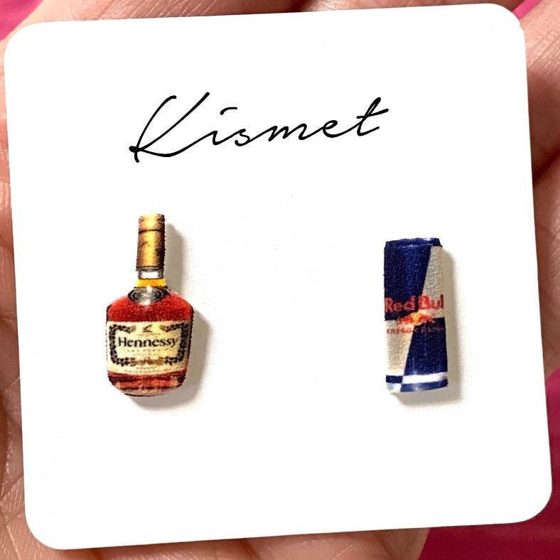 Mellow Monkey handmade stud earrings featuring a miniature Hennessy bottle and an energy drink can design.