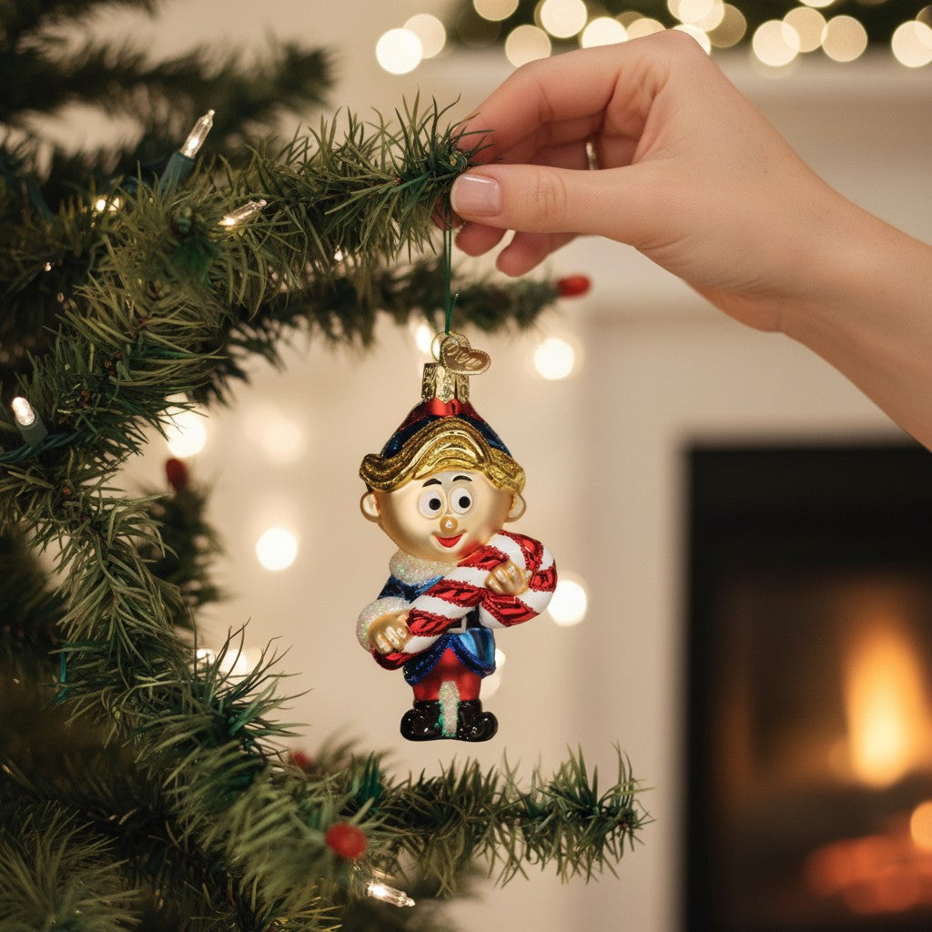 Mellow Monkey Hermey the Elf blown glass Christmas ornament holding a red and white candy cane. 3.75-in.