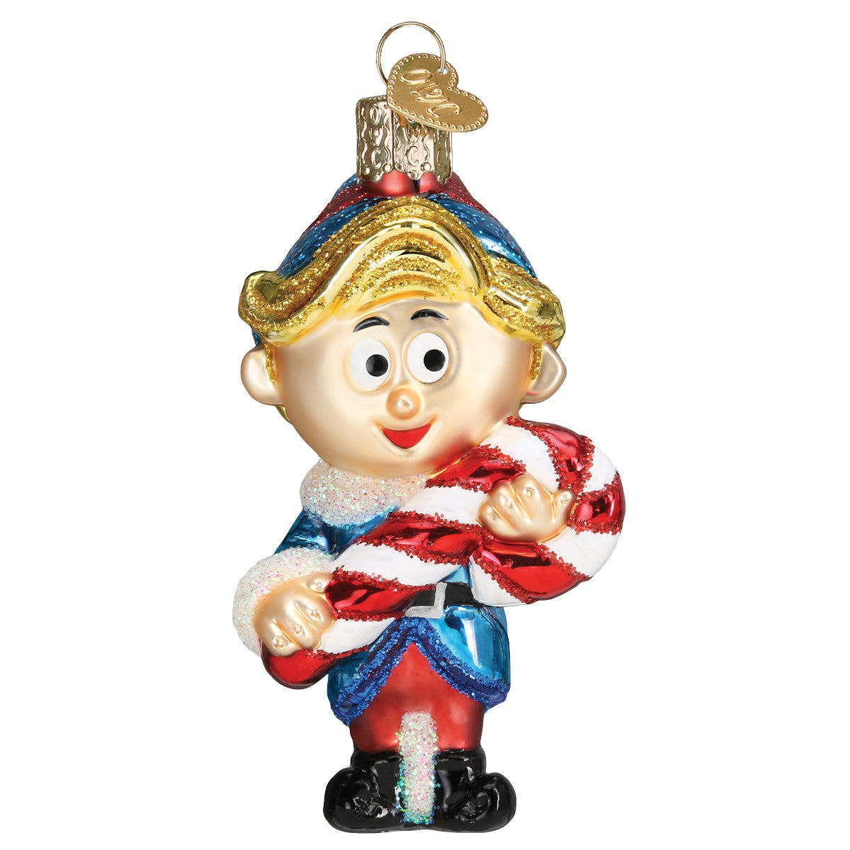 Mellow Monkey Hermey The Elf blown glass holiday ornament, holding a red and white candy cane. Features blue, red, and gold colors.