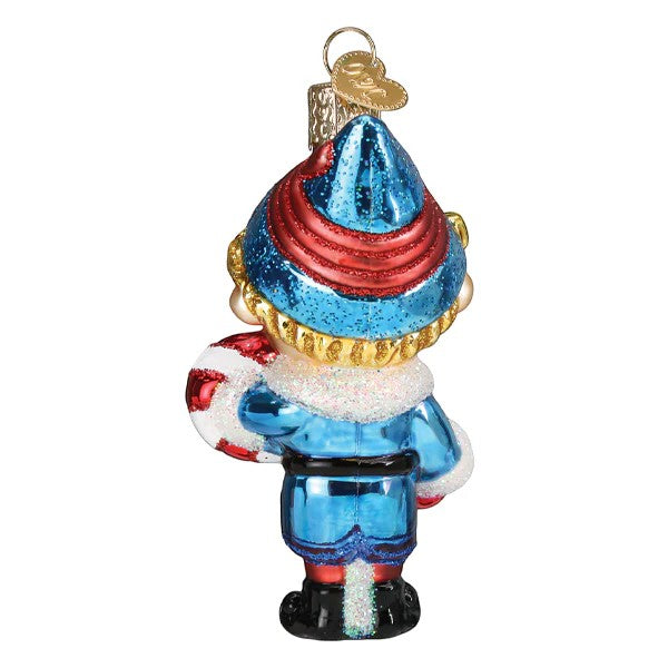 Mellow Monkey Hermey The Elf blown glass Christmas ornament, blue and red with glitter accents, holding a candy cane.