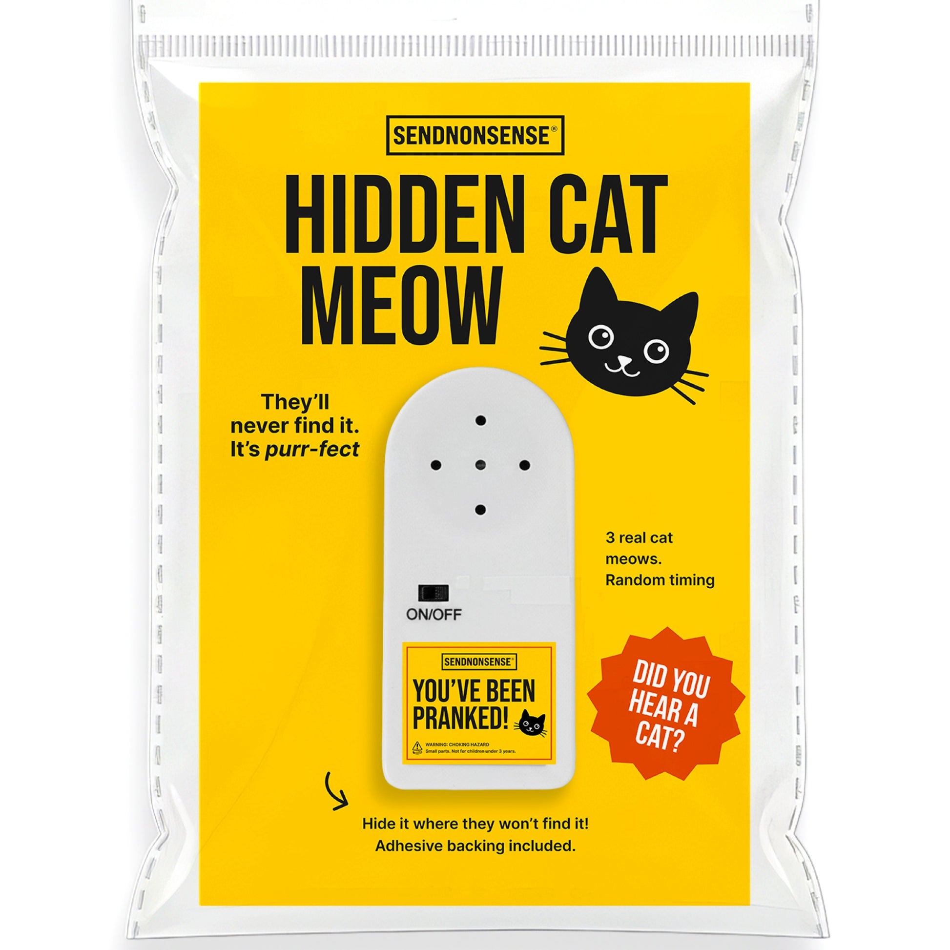 Mellow Monkey Hidden Cat Meow prank device in yellow packaging with adhesive backing and random sound timer.