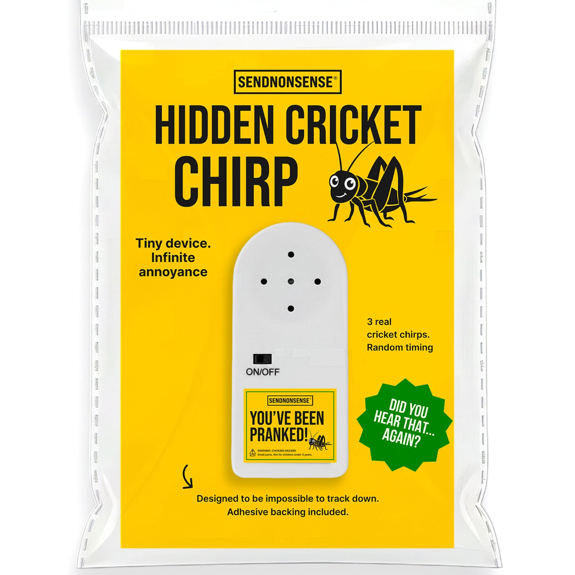 Mellow Monkey Hidden Cricket Prank device in yellow retail packaging with on/off switch and adhesive backing.