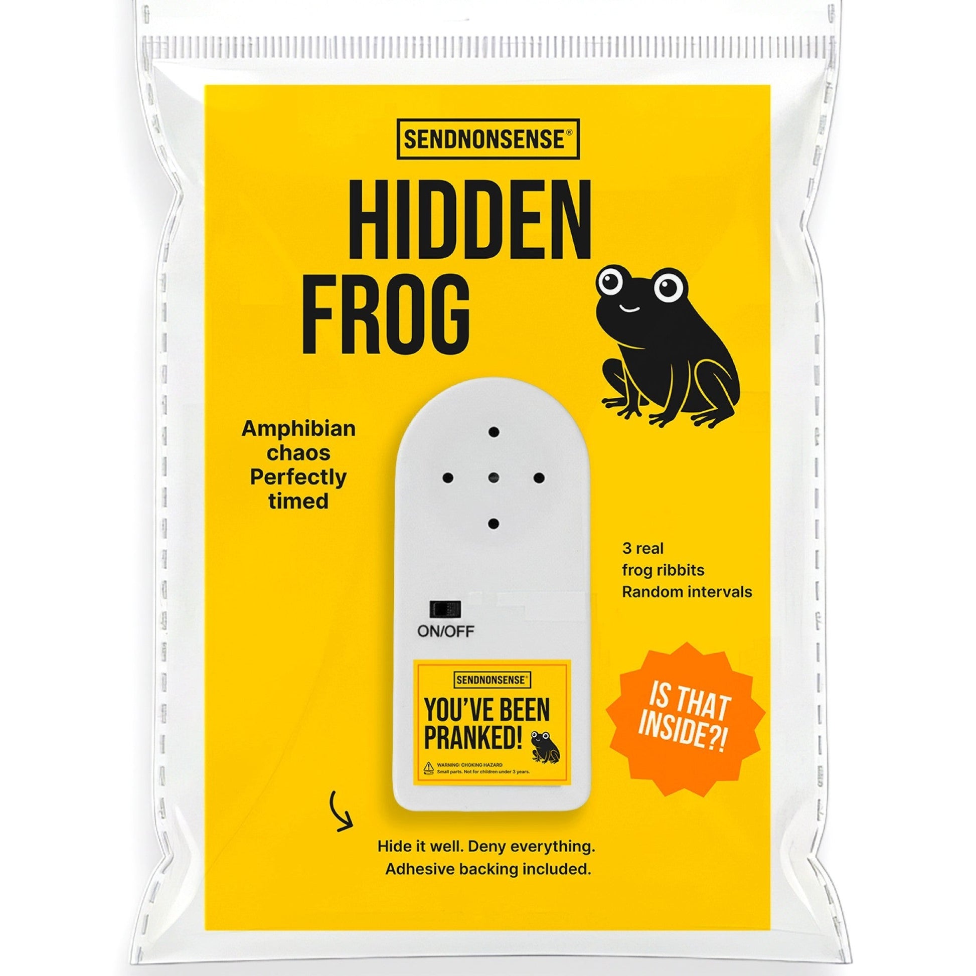 Mellow Monkey Hidden Frog prank device in yellow packaging with realistic croaking sound features and adhesive back.