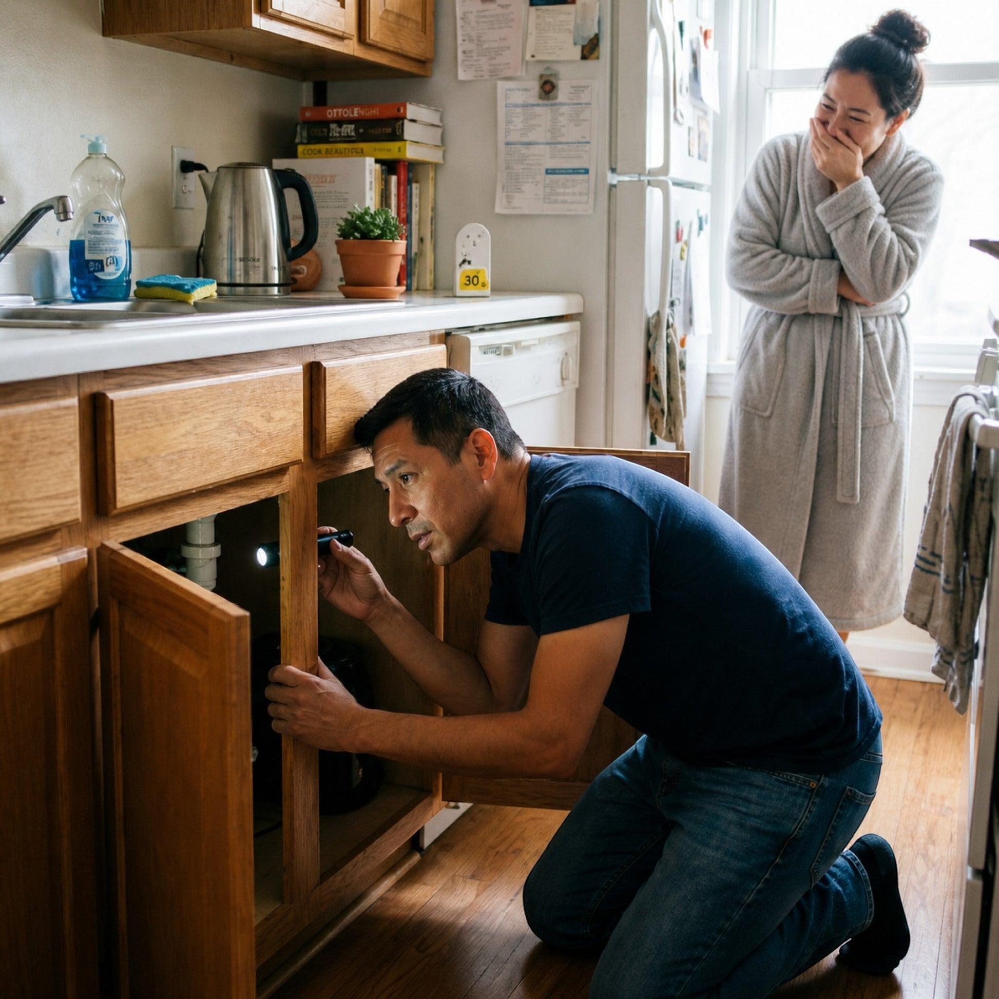 Mellow Monkey Hidden Frog prank device being searched for by a man under a kitchen sink while a woman laughs nearby.