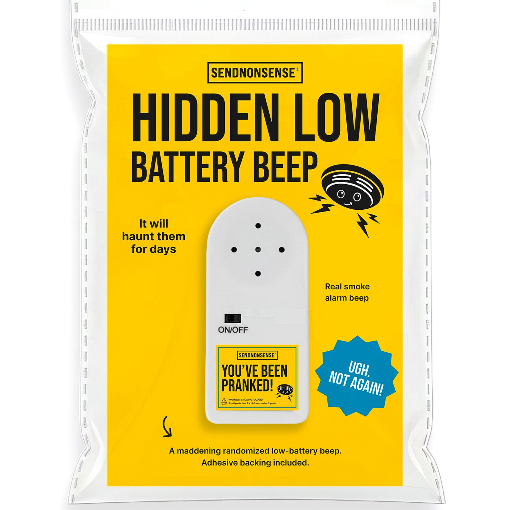 Mellow Monkey Hidden Low Battery Beep prank device in yellow retail packaging with smoke alarm sound effect