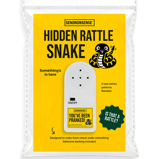 Mellow Monkey Hidden Rattlesnake prank device in yellow packaging with adhesive backing for subtle sound pranks.