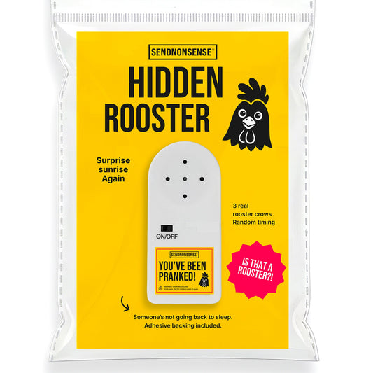 Mellow Monkey Hidden Rooster prank device in yellow packaging with realistic crowing sounds and adhesive backing.