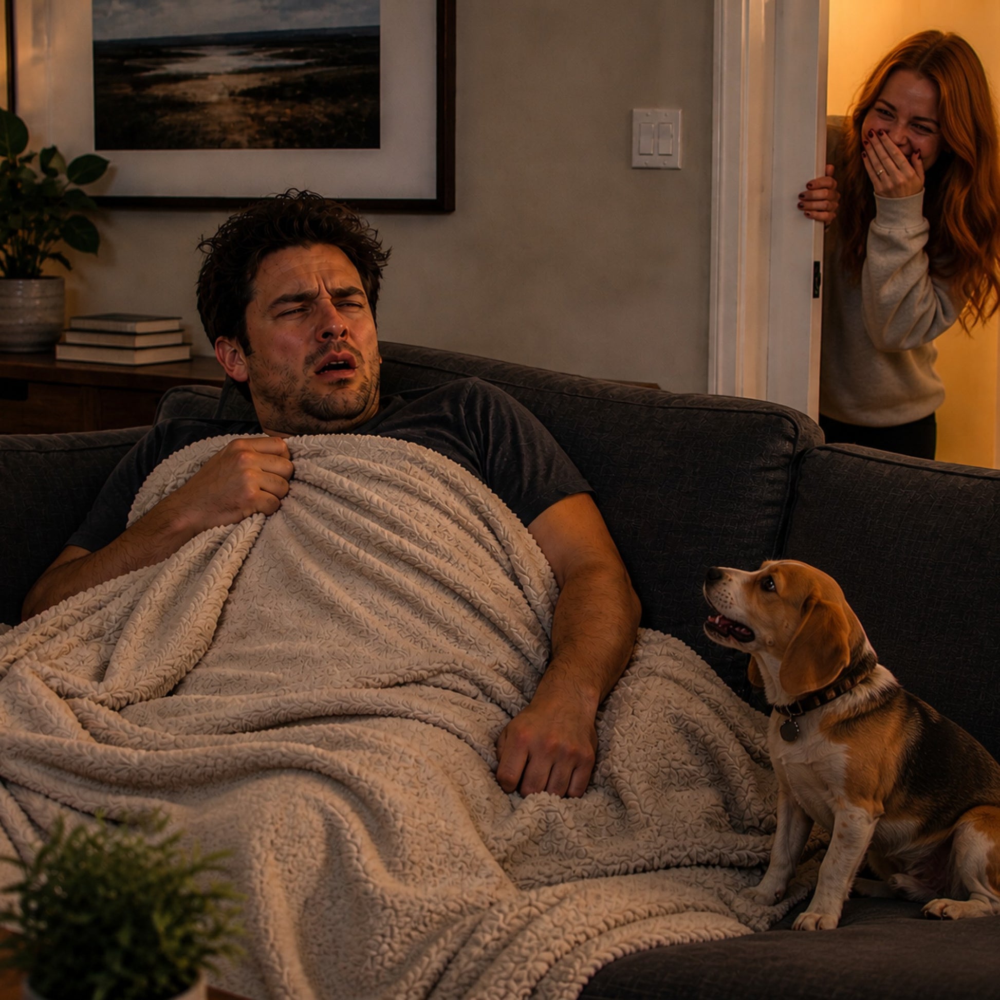 Mellow Monkey Hidden Rooster prank device causing confusion for a man on a couch while a woman laughs in the doorway.