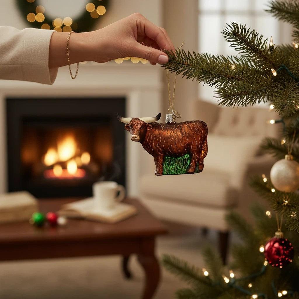 Mellow Monkey Highland Cow blown glass Christmas ornament with long horns and shaggy brown coat, on a tree.