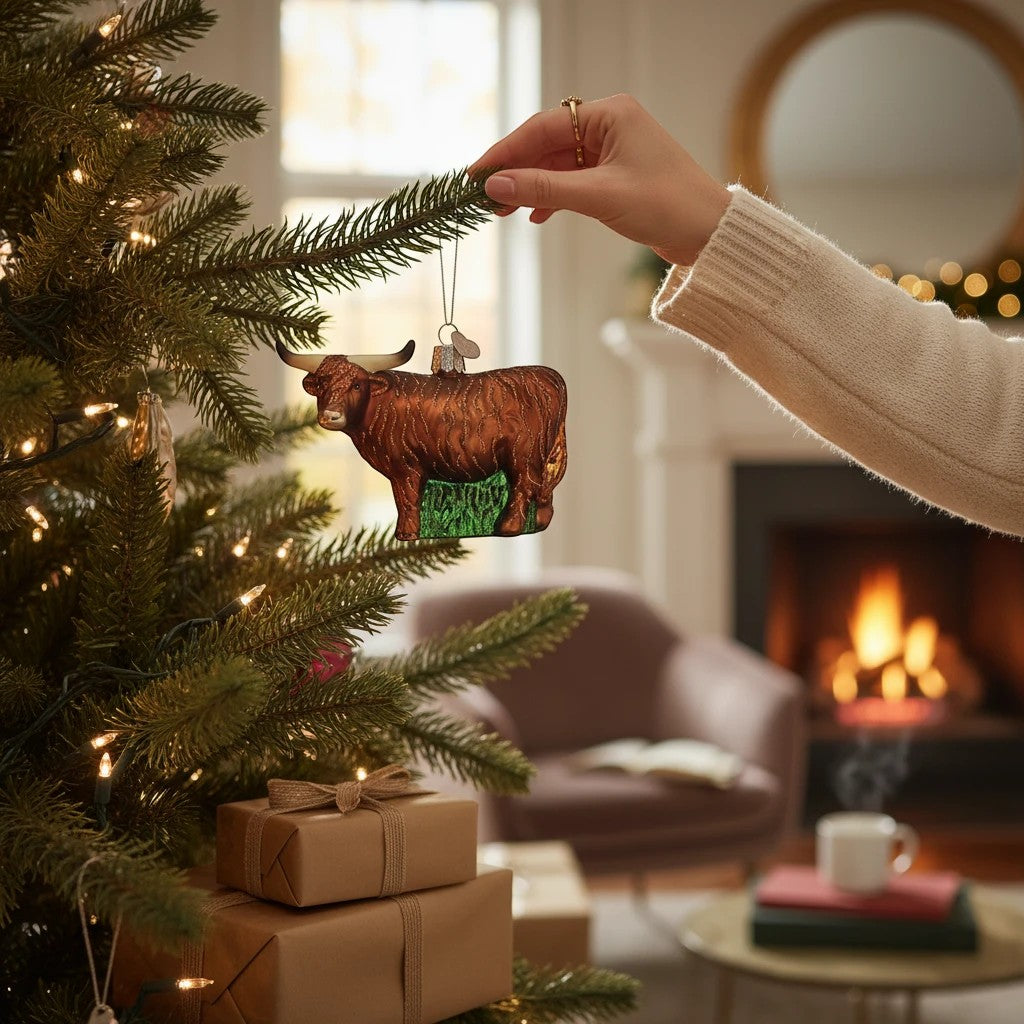 Mellow Monkey Highland Cow blown glass Christmas ornament with shaggy brown fur and green grass base.