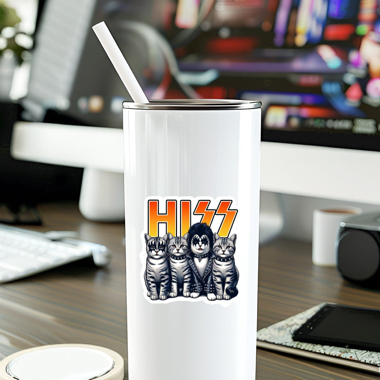 Mellow Monkey Hiss Rocker Cats vinyl sticker on a white tumbler, featuring four kittens in glam-rock makeup.