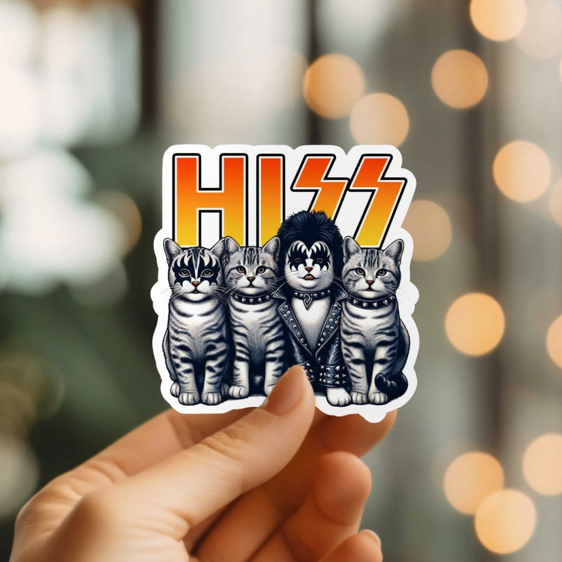 Mellow Monkey Hiss Rocker Cats vinyl sticker featuring four kittens in glam-rock makeup held against a bokeh background