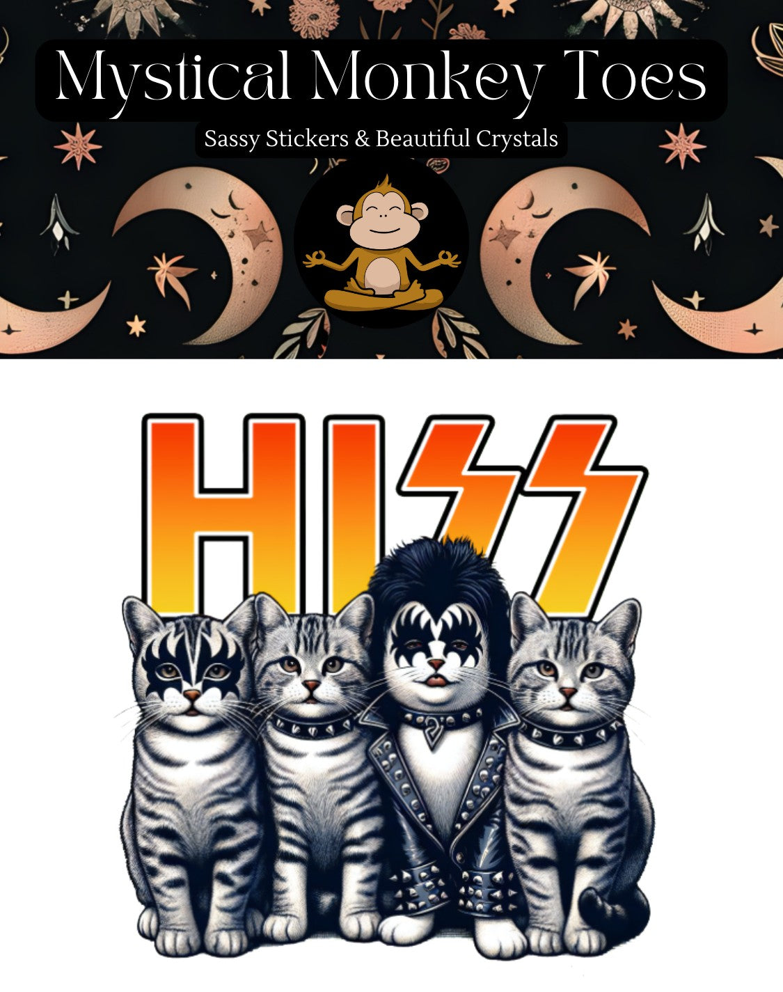 Mellow Monkey Hiss Rocker Cats vinyl sticker featuring four kittens in glam-rock makeup and studded leather jackets.